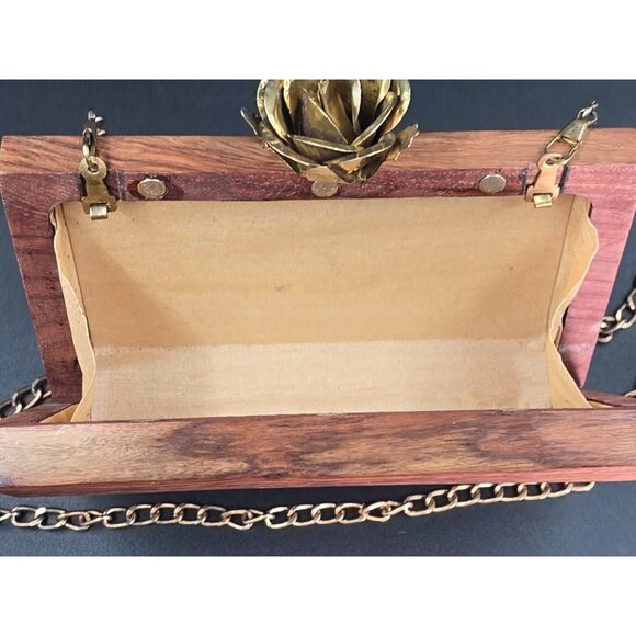 Handcrafted Wooden Clutch Bag Purse Natural Wood Gold Tone Cross Body Floral - Picture 8 of 13